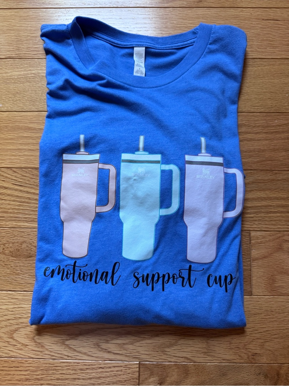 Blue 'Emotional Support Cup' Stanley Graphic Tee - Comfort Design, size L